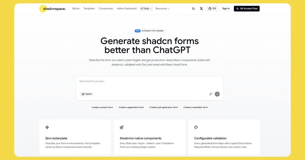 Shadcn AI Form Builder - React Hook Form & Zod