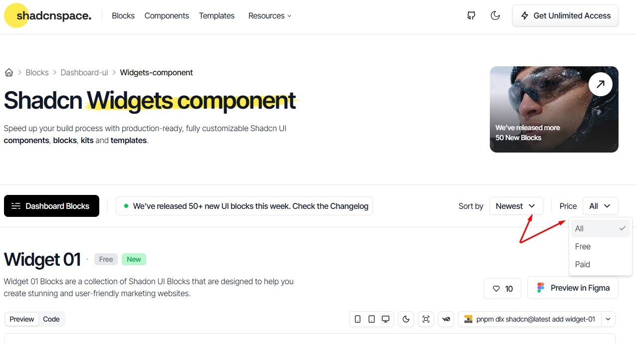 Step-by-step sorting and filtering blocks in Shadcn Space