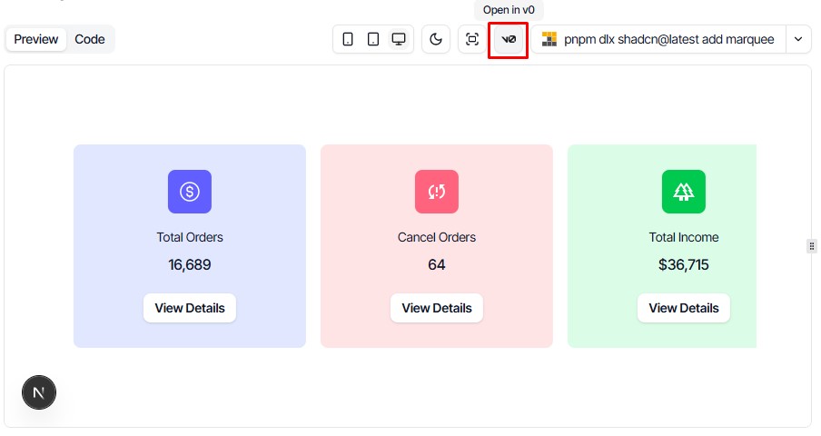 Step-by-step process of opening a Shadcn Space block in v0
